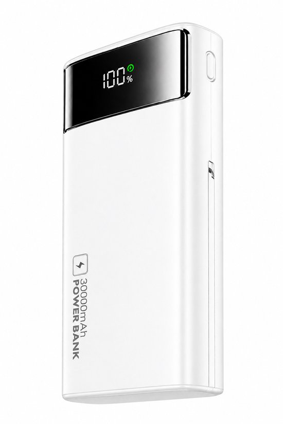 Witte powerbank met een strak, glanzend zwart digitaal display dat 100% aangeeft.