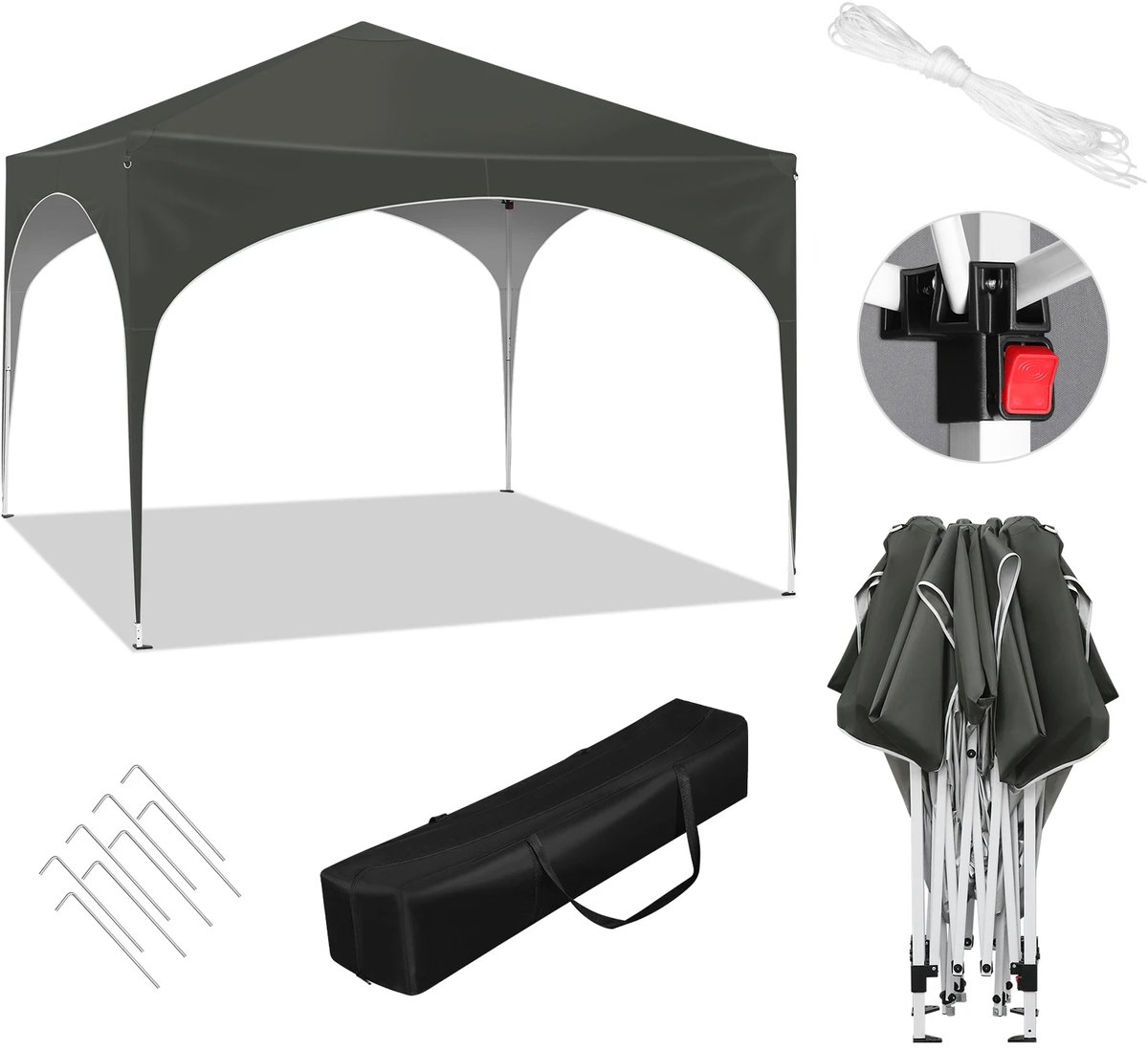 Klarven® Partytent Grijs - Waterdicht en UV-bestendig - Regelbare hoogte in 3 standen, Stabiel roestwerend frame, Inclusief draagtas - B 3 x D 3 m, H 250-258 cm