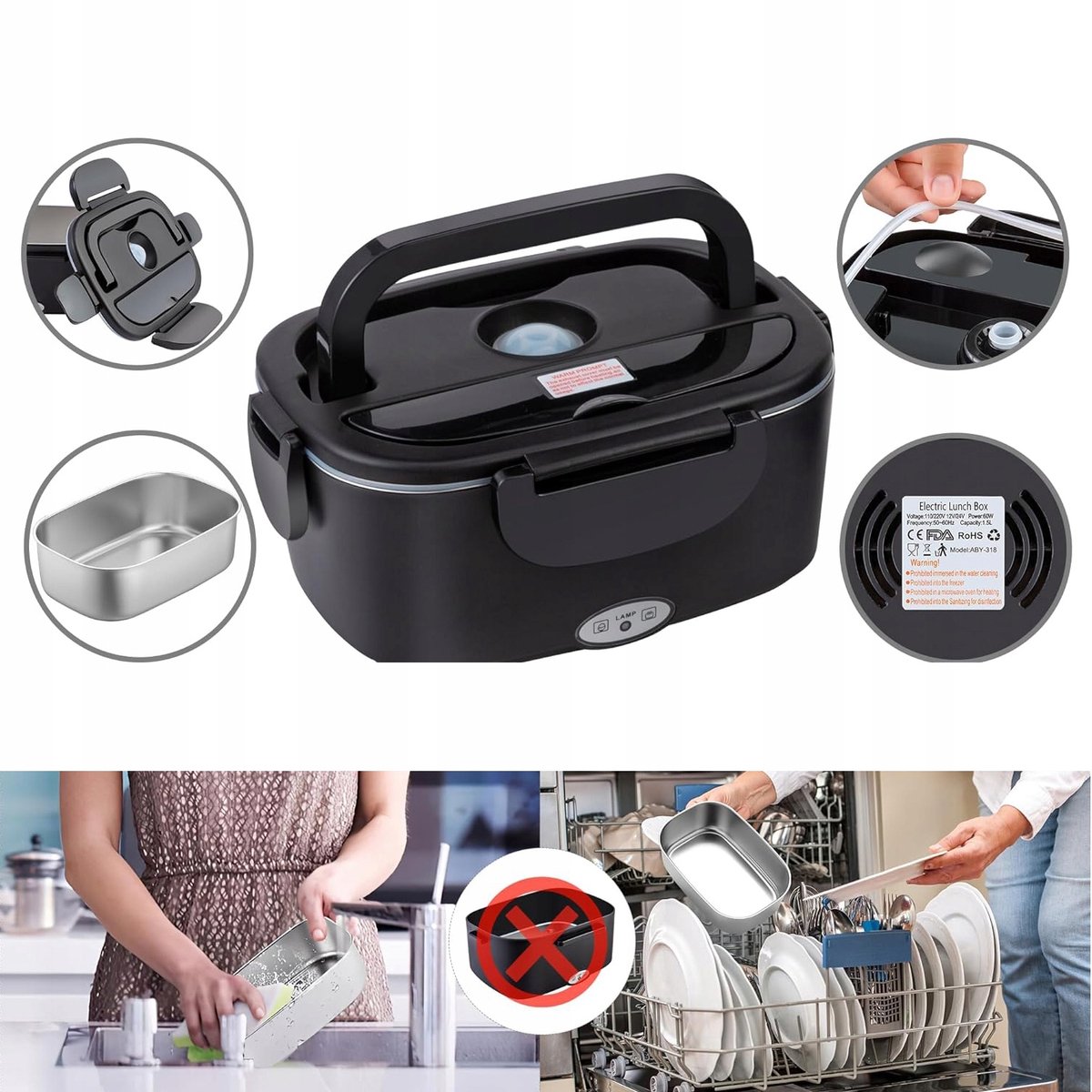 Elektrische Lunchbox - Verwarmde Bento Box - Thermos Lunchbox - Autolunchbox Elektrisch - 1,5L + 0,45L - RVS Binnenbak - Lekvrij Deksel - 12V/24V/220V - met Isolatietas & Bestek - Draagbare Broodtrommel - Voor Auto & Thuis & Kantoor — cadeau in Kookcadeaus - foto 3