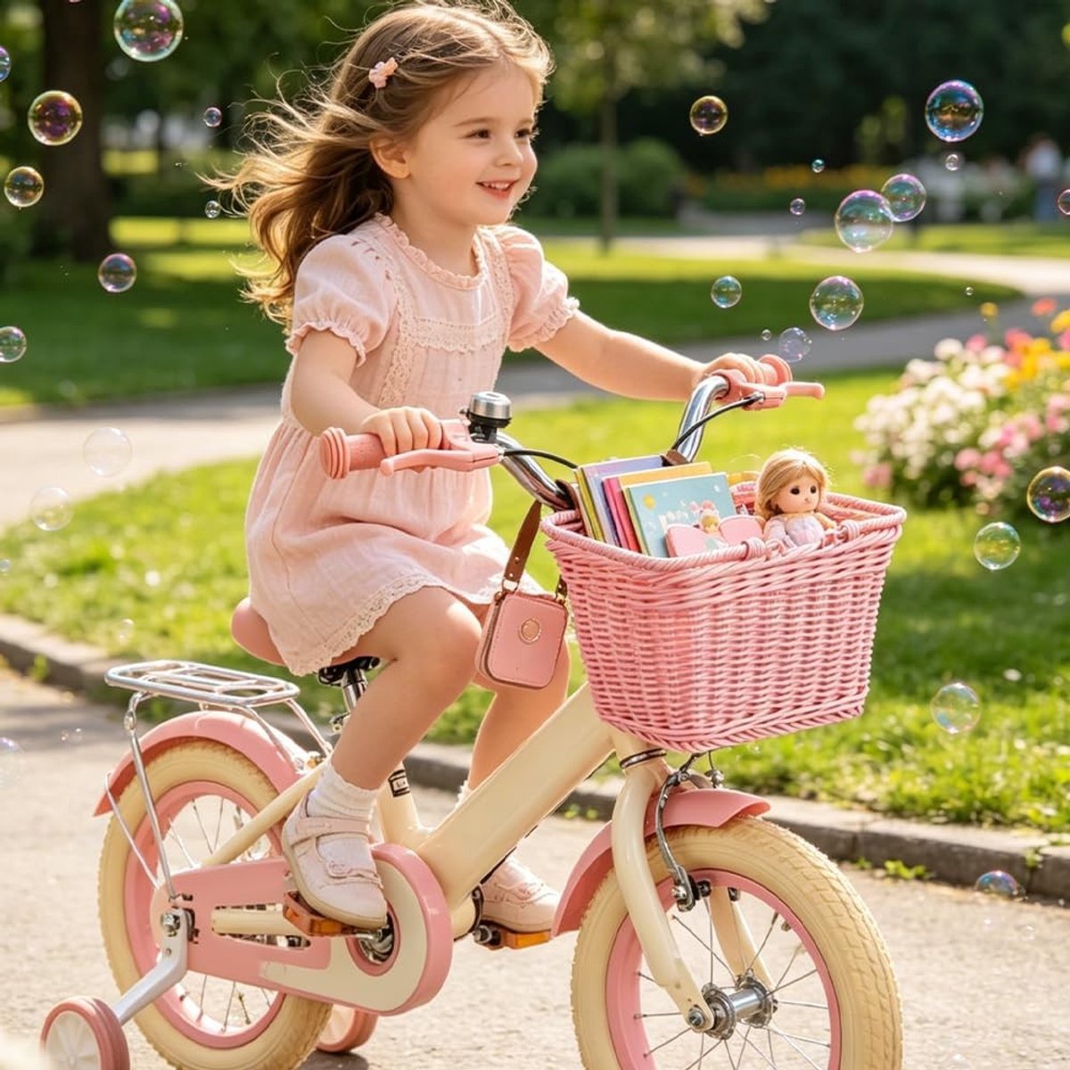 Fietsmand - Roze - 15 x 25 x 18 cm - Handgevlochten Rieten Mand met Veganistische Leren Riemen - Voor Stadsfietsen en Boodschappen