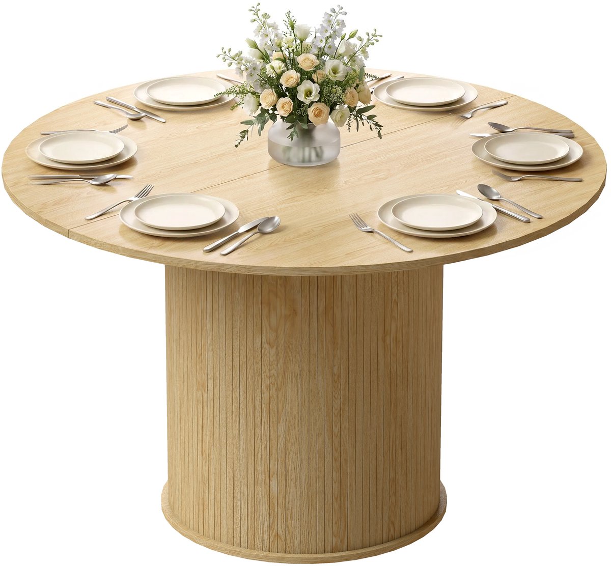 Ronde Eettafel - Keukentafel met Stevig Geribbeld Onderstel - 120 X 120 X 75 cm - Eetkamertafel Voor 4-6 Personen - natuurlijk hout