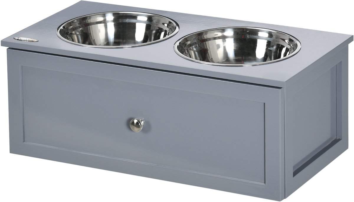 Verhoogde Voerbak Hond met Lade - 2 RVS Voerbakken 60 x 30 x 24cm 24cm