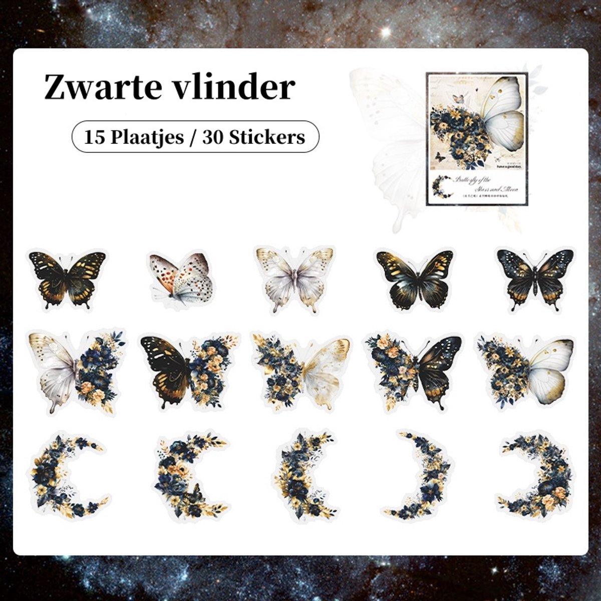 Casalora Vlinder Stickers – 30 Stuks (15 Designs) – DIY Decoratieve Sticker Set – Voor Scrapbook, Planner, Dagboek & Album – Zwarte Vlinder