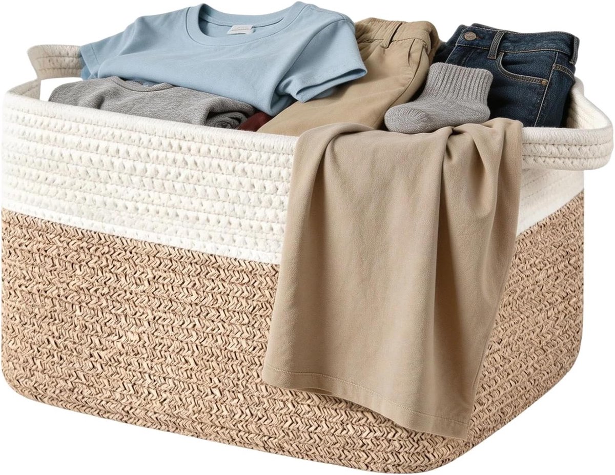 Opbergmand voor Woonkamer en Was, Gevlochten Katoenen Mand met Handvatten, Ideaal voor Dekens, Kussens en Gastendoeken, Bruin en Zwart