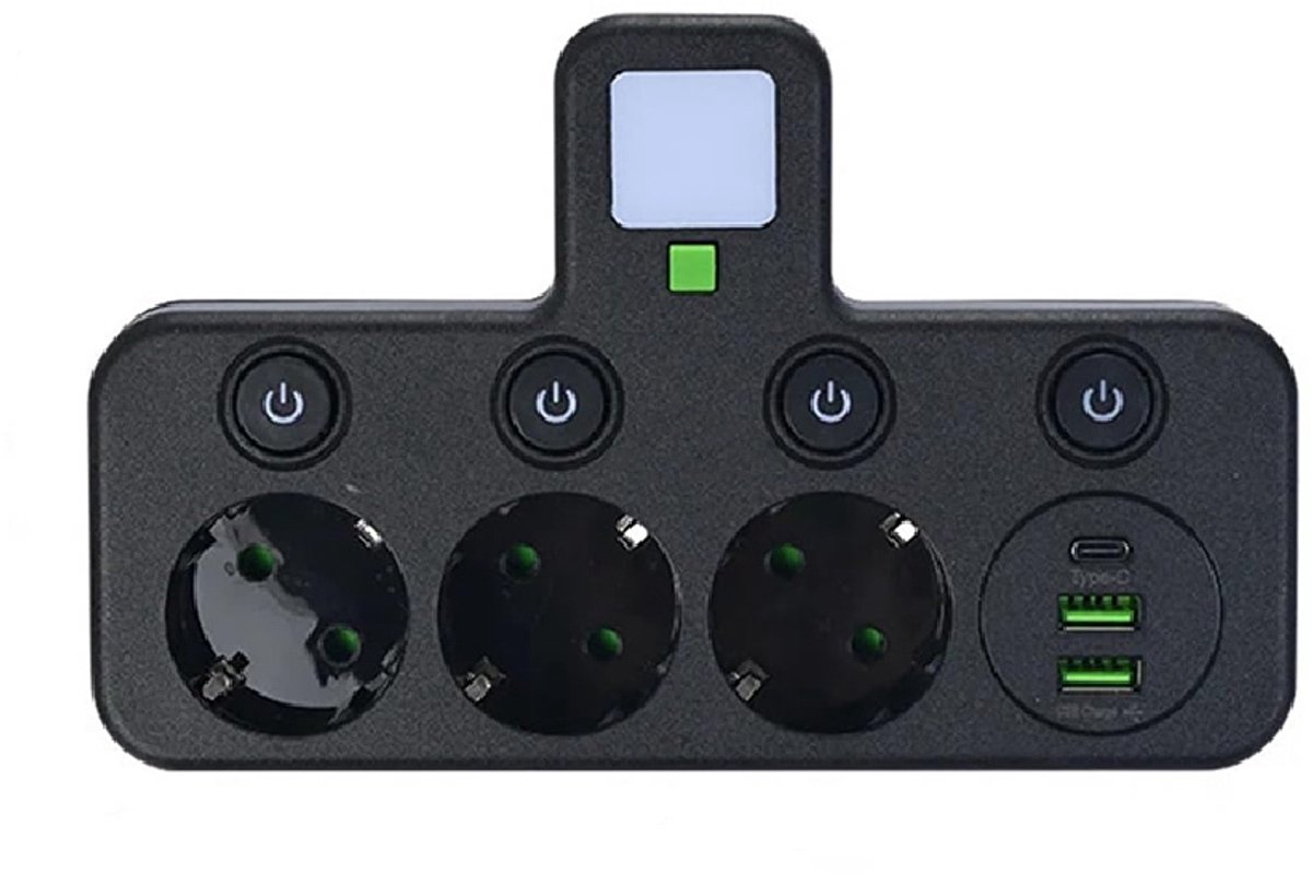 3-voudige Stekkerdoos met Aparte Schakelaars, Tafelcontactdoos met USB-C & USB-A Poorten, EU Stekker Adapter met LED Nachtlampje, 2500W Verdeelstopcontact voor Thuis, Kantoor en Keuken, Zwart