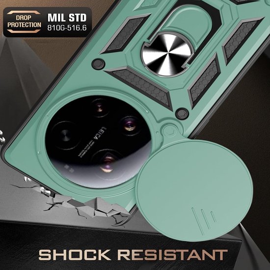 Beschermende Hoes voor Xiaomi 17 Ultra 5G met Schuiflens en Draaibare Stand + 2 Stuks Tempered Glass, Schokbestendig en Militaire Kwaliteit Groene Hard Shell Cover — afbeelding 2