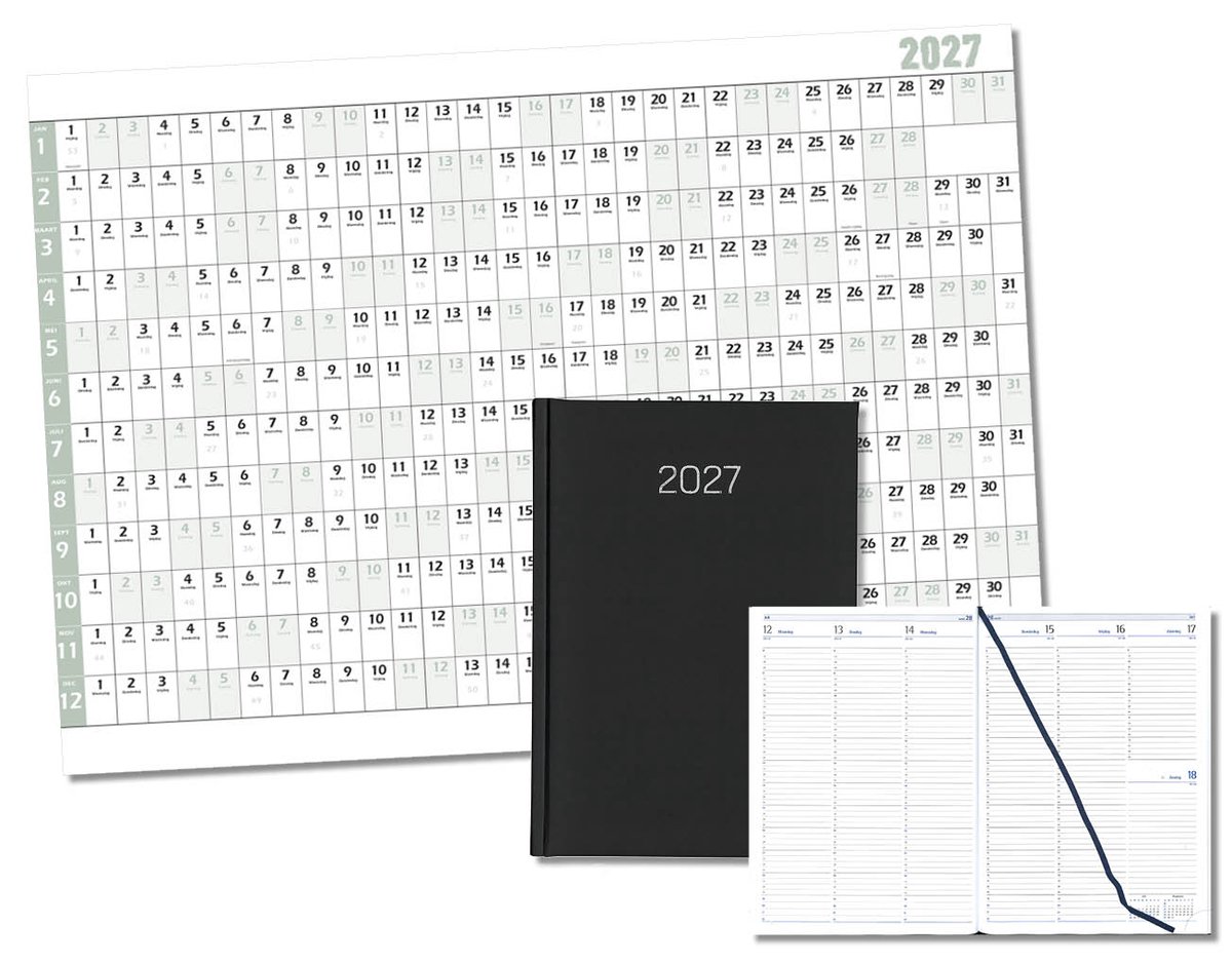 MGPcards - Bureau Week-agenda 2027 - H46 - A4 - 1 week 2 pagina's - Nederlandstalig - Gewatteerde omslag - 21 x 30 cm - Mat Zwart + Jaar kalender - Kalender 2027 - Wandplanner - Jaarplanner - Grote planner - A1 formaat - Poster - 84 x 60 cm