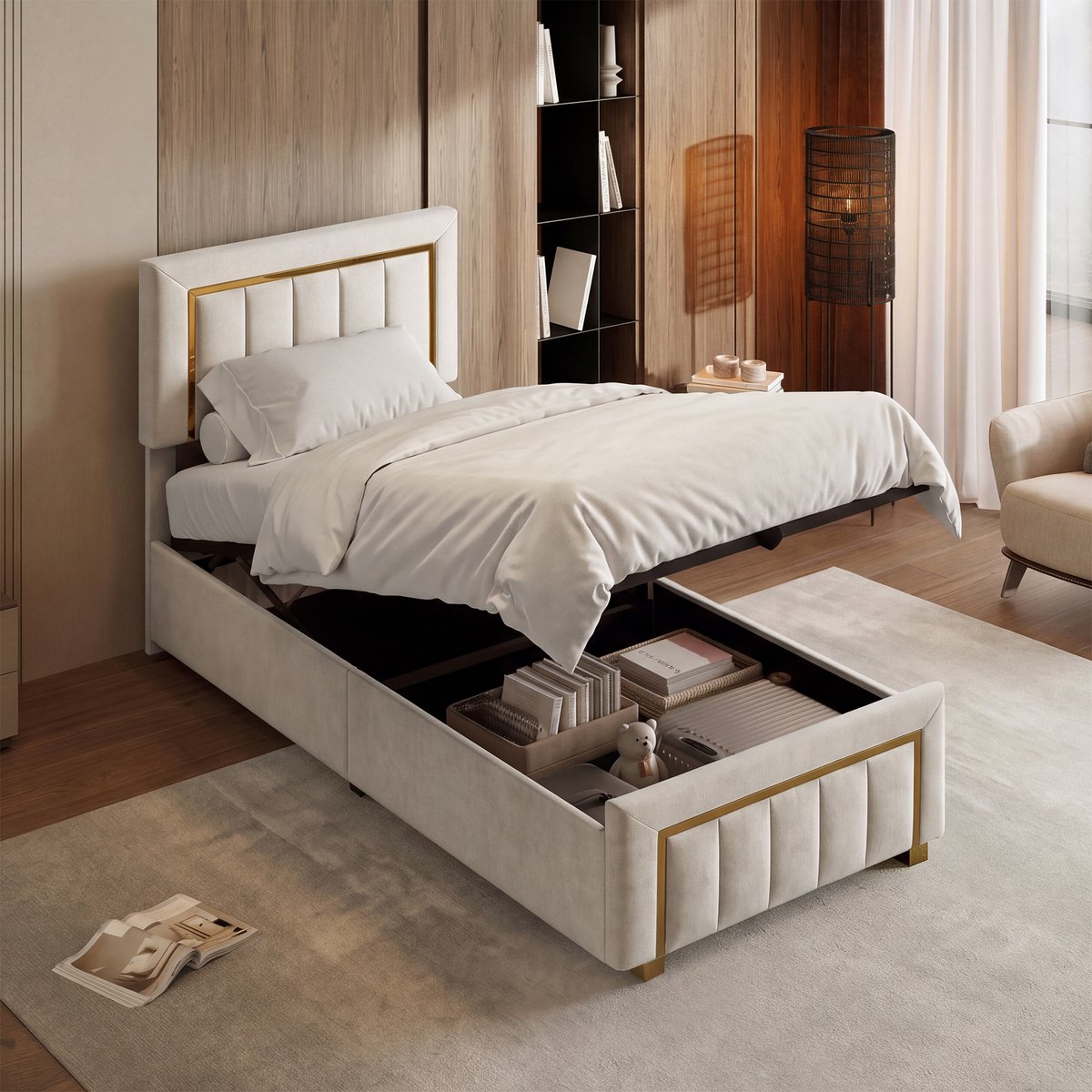 Opbergbed 90x200cm met hydraulisch opbergsysteem - Gestoffeerd Eenpersoonsbed, bedframe met lattenbodem, Voor volwassenen en tieners, Fluweel Gebroken wit