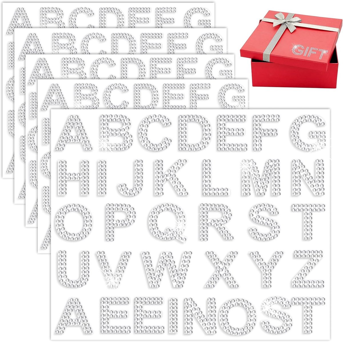 170 stuks strass letterstickers, 5 vellen glitter zelfklevende diamant alfabet stickers zilver bling kristal letter stickers edelsteen grens stickers voor doe-het-zelf ambachtelijke decors kleding