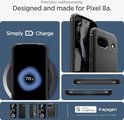 Zwarte Spigen case voor Pixel 8a, toont draadloos laden en de verschillende zijden van de case.
