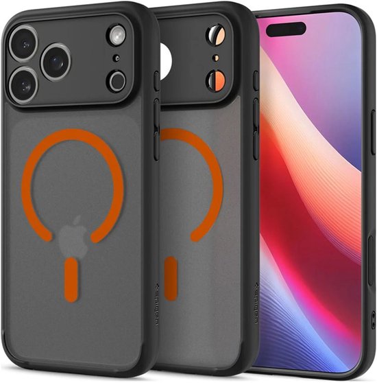 Twee zwarte Spigen hoesjes met oranje MagSafe-ring, één op een telefoon met oranje scherm