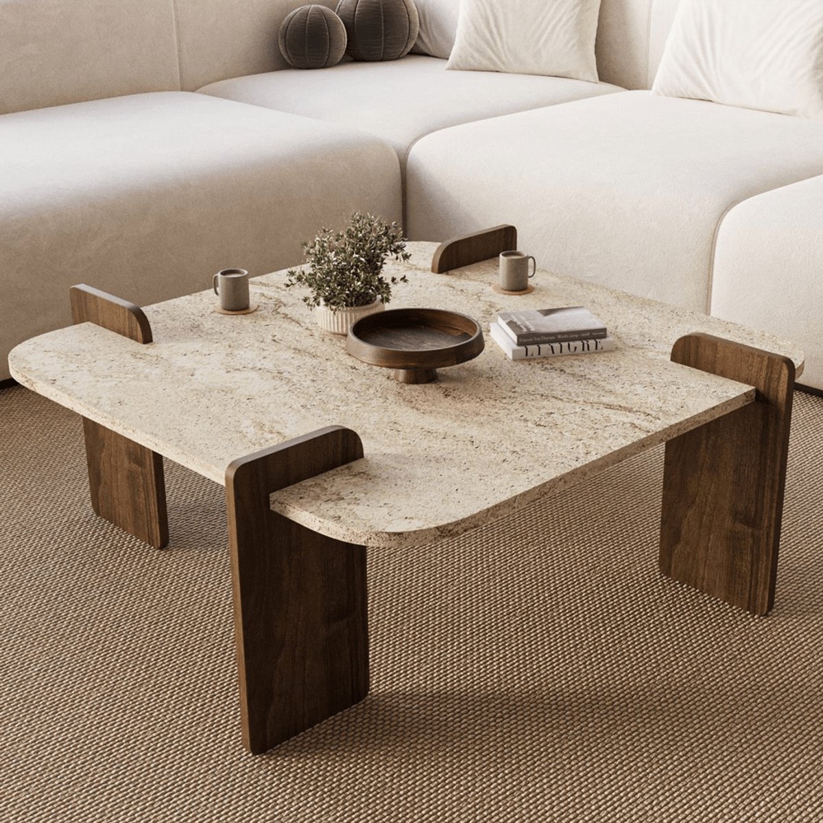 Dimehouse Japandi salontafel travertin met walnoot - melamine -90 x 90 cm - Alfro - 90 x 90 x 40 cm - Hout - Japandi - Vierkant