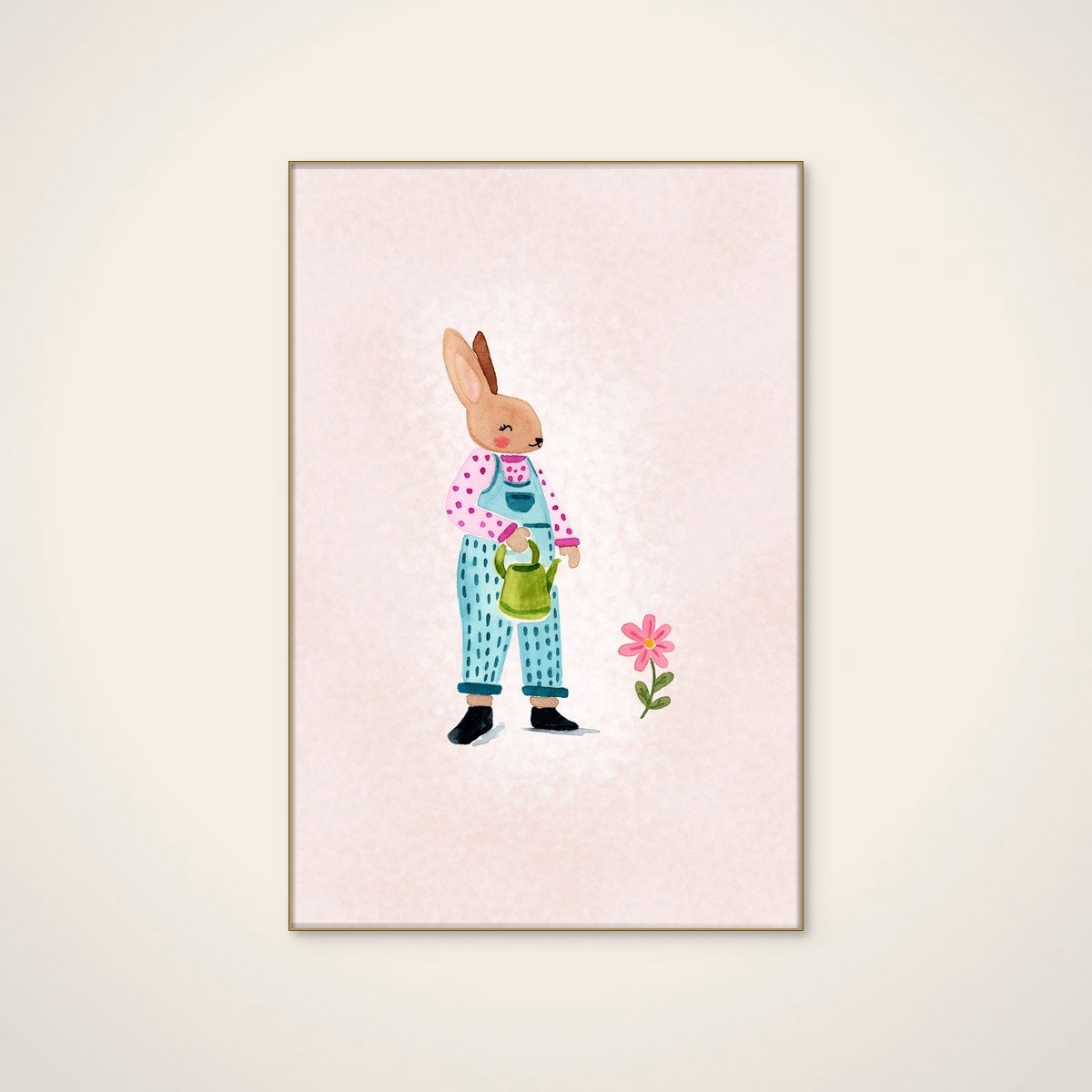 Akoestisch schilderij - 60 x 90 cm - Sweet Bunny Gardener van Abigail Morales - Abstracte wanddecoratie - goud textielframe
