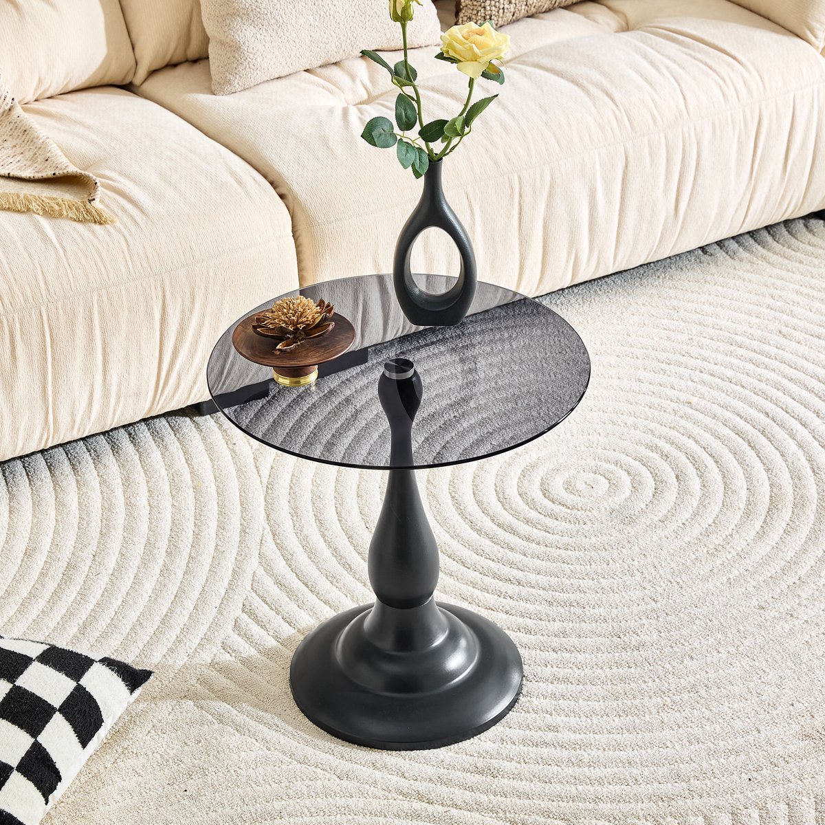 OKWISH Bijzettafel - Rond Glazen Tafelblad Van Gehard Glas - Voor Woonkamer Of Slaapkamer - Zwart Metaal En Glas - 50 x 50 x 51,5 cm