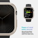 Collage van een close-up van een starlight Apple Watch hoesje en een afbeelding van een Apple Watch met sportdata.
