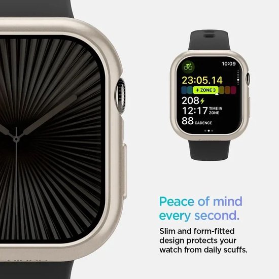Collage van een close-up van een starlight Apple Watch hoesje en een afbeelding van een Apple Watch met sportdata.