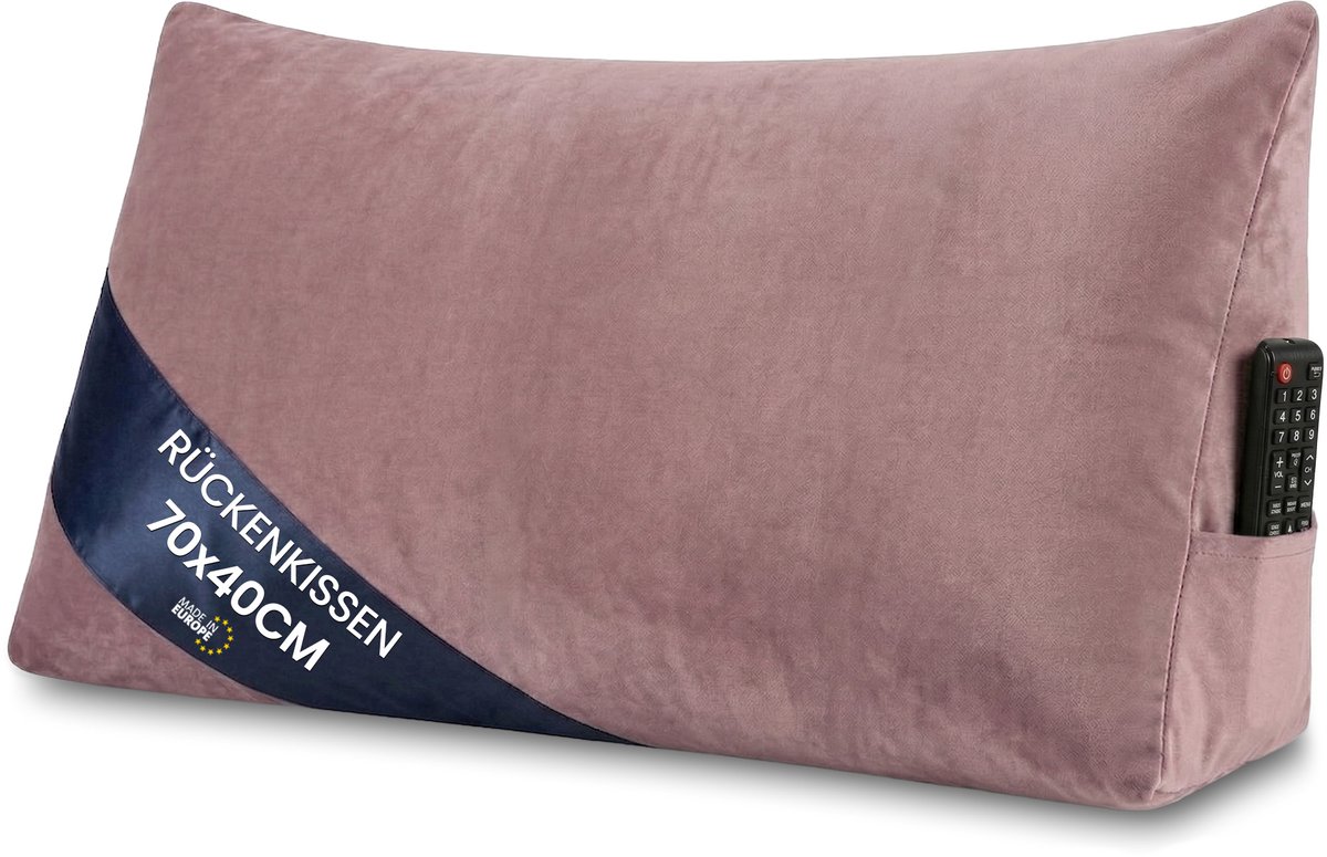 Leeskussen voor bed bank en hoofdbord 70 cm breed - groot driehoekig wigkussen rugkussen – bankkussen rugsteun lendenkussen om comfortabel te lezen in bed of tv te kijken kussen Roze – Fluweel
