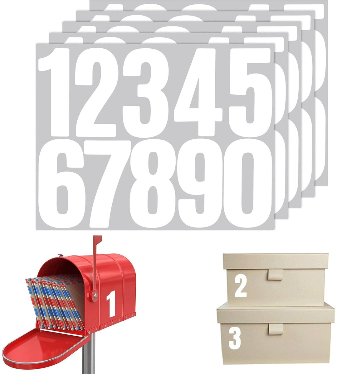 5-delige nummerstickers - Genummerde deurnummerstickers - 8 cm - Waterdicht - Brievenbuslabels/goederenclassificatie Zelfklevende, gestanste, waterdichte stickers - Reflecterend - Geschikt voor brievenbussen - Wit