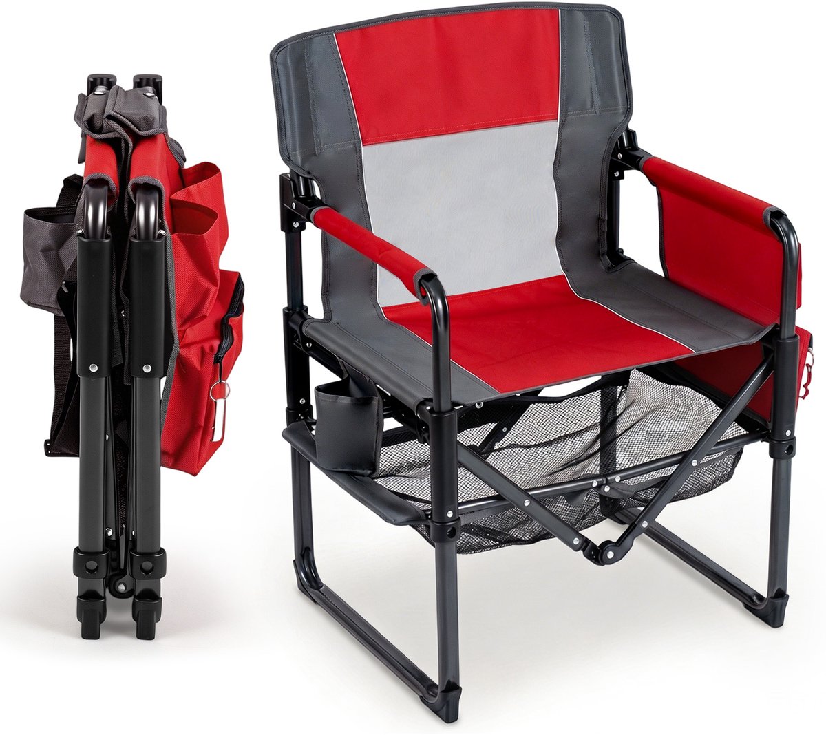 COSTWAY Campingstoel, inklapbaar, draagbare directeursstoel, rood | Klapstoel met bekerhouder, flesopener, netplank en zijvak, visstoel voor camping, picknick
