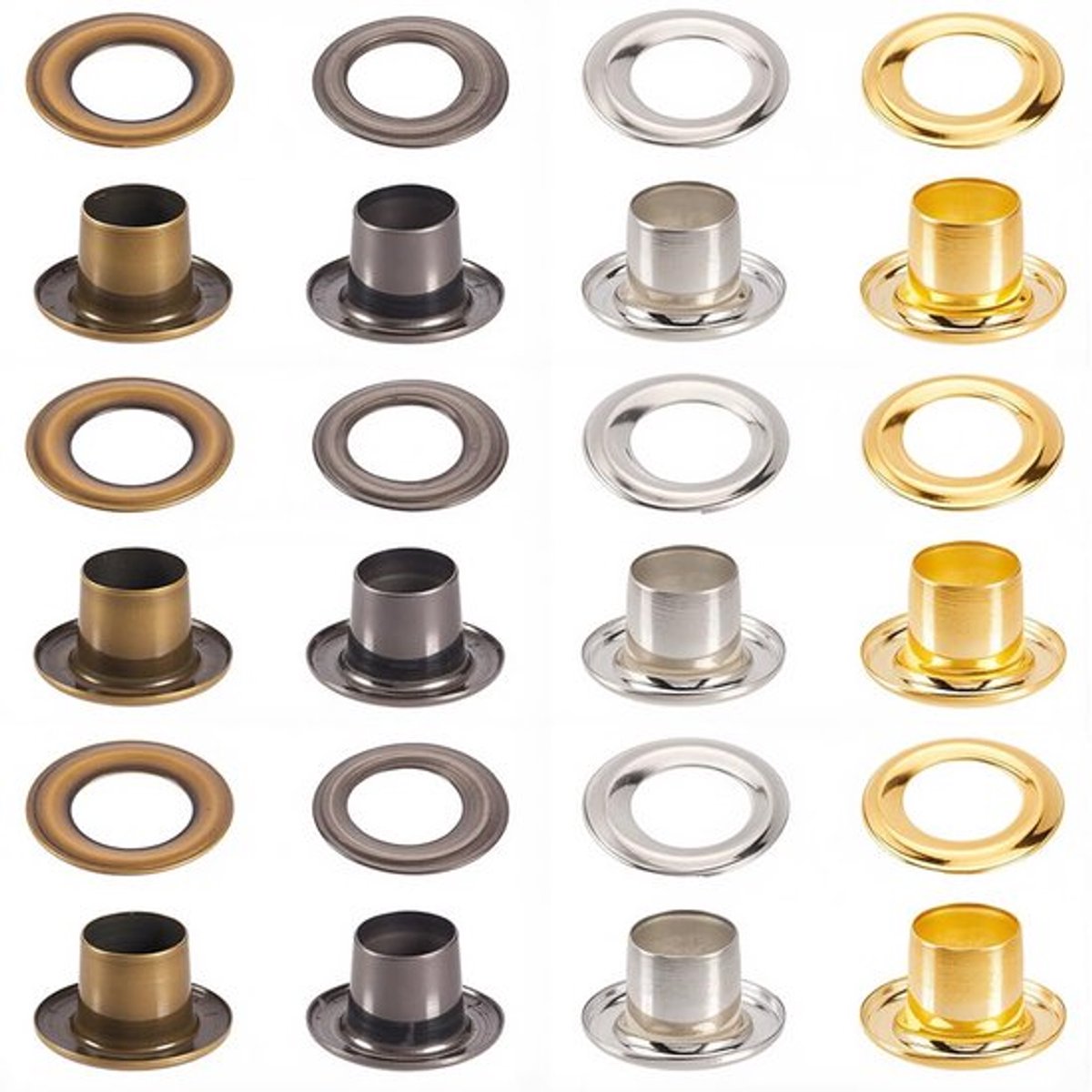 200 sets 4 kleuren ringen ringen assortiment kit 4mm gat zelfdragende ring mini goud zilver zwart brons metalen ring gordijn ring voor kralen kernen kleding