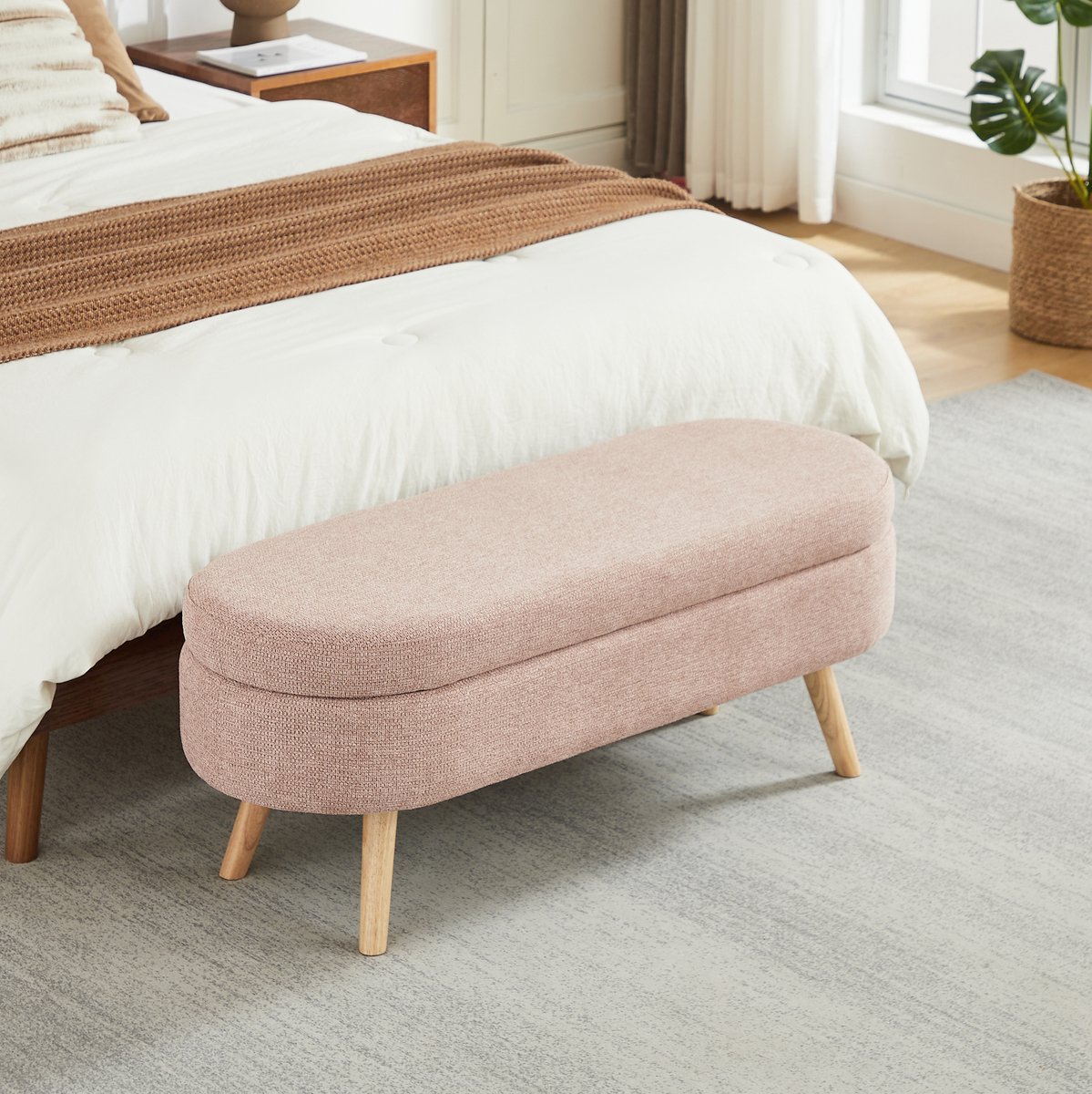 MIVRAY Bankje 110 cm - Bank Met Opbergruimte Voor Slaapkamer, Hal en Woonkamer - Ovaal Gestoffeerd Velvet - Roze