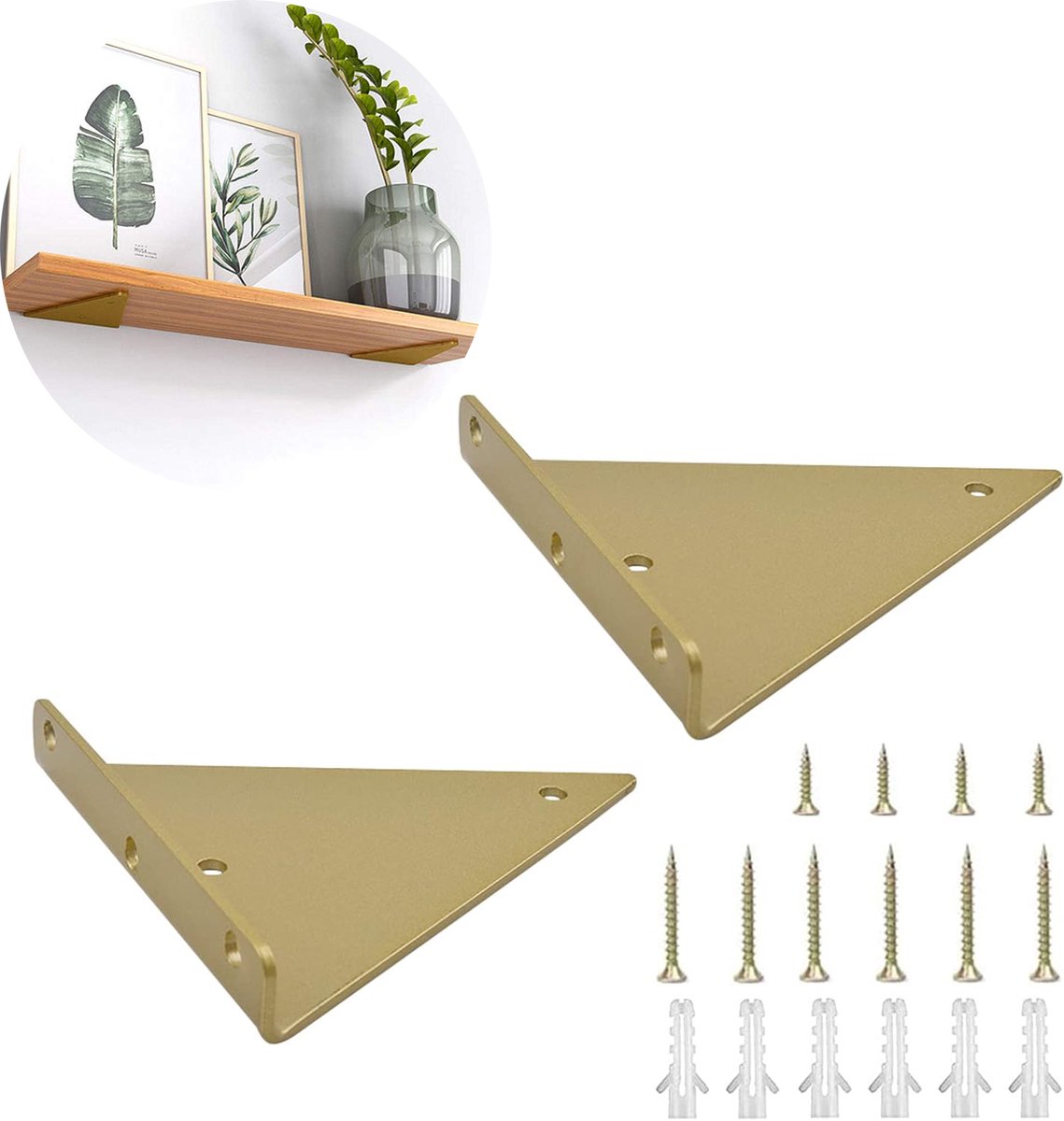 2-delige driehoekige metaalbeugels voor zwevende planken – goud – 8x10 cm – wandbeugels voor keukenplanken, boekenplanken en opbergrekken