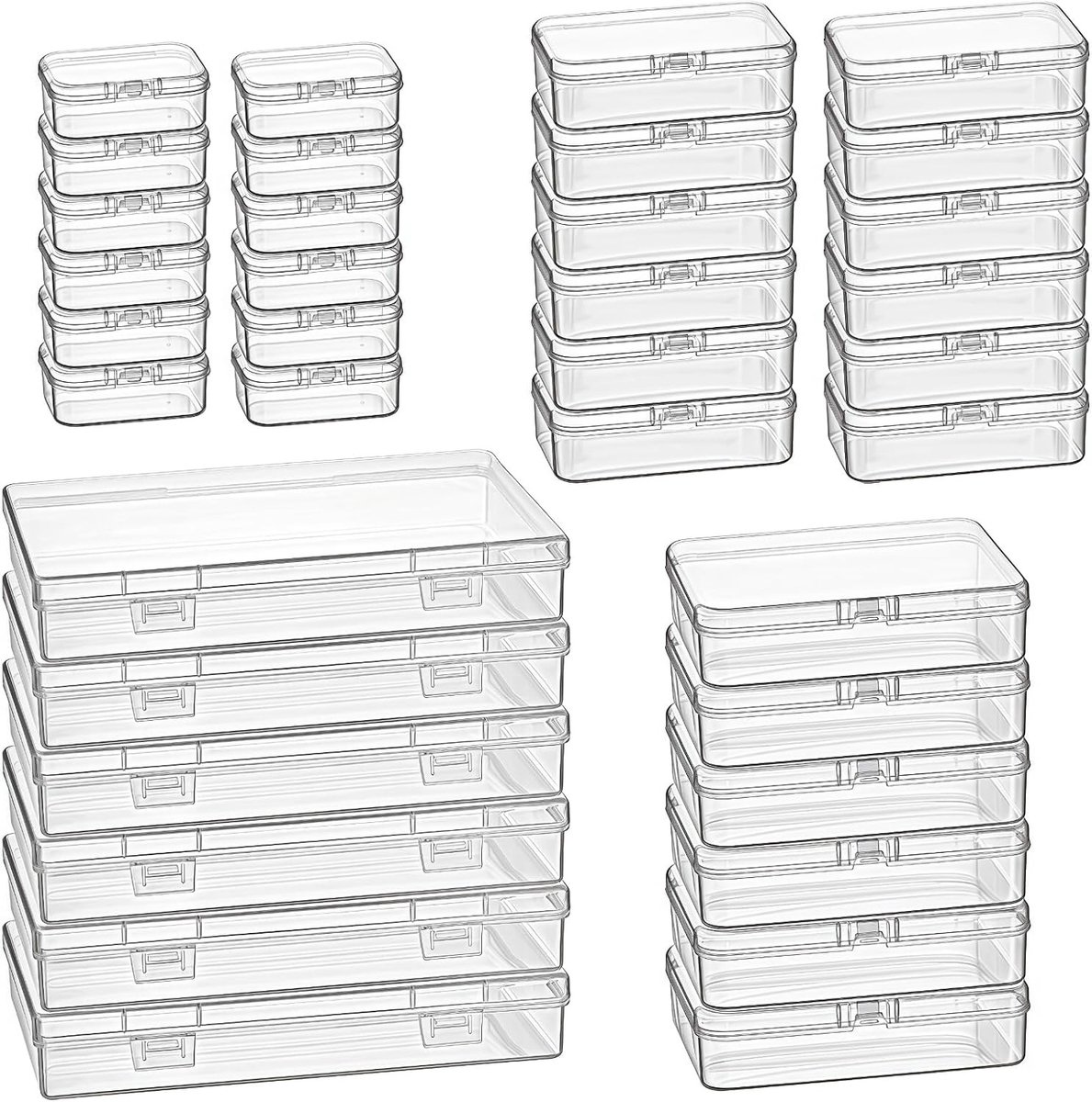 36 Stuks Diverse Maten Rectangulaire Plastic Opbergdozen, Transparant | Lege Mini Opslagcontainers met Scharnierdeksels voor Kleine Voorwerpen en Knutselprojecten