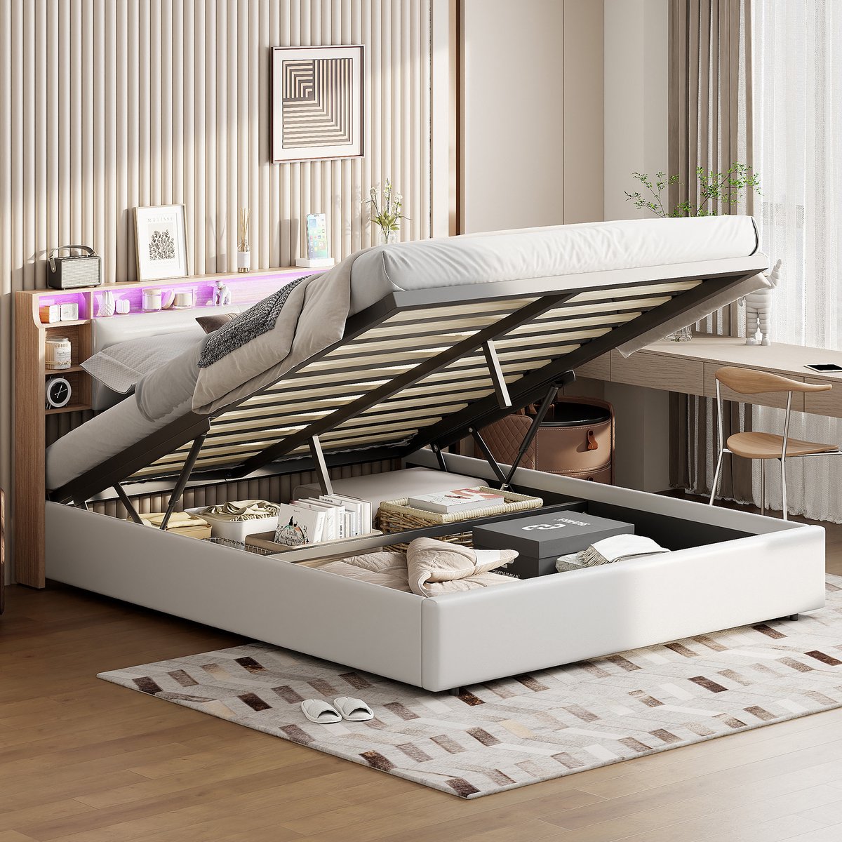 Opbergbed 140x200 cm, Tweepersoonsbed met ledverlichting, Gestoffeerd met hoofdbord, hydraulisch bed met opbergruimte, bedframe 140x200 met lattenbodem, PU Wit