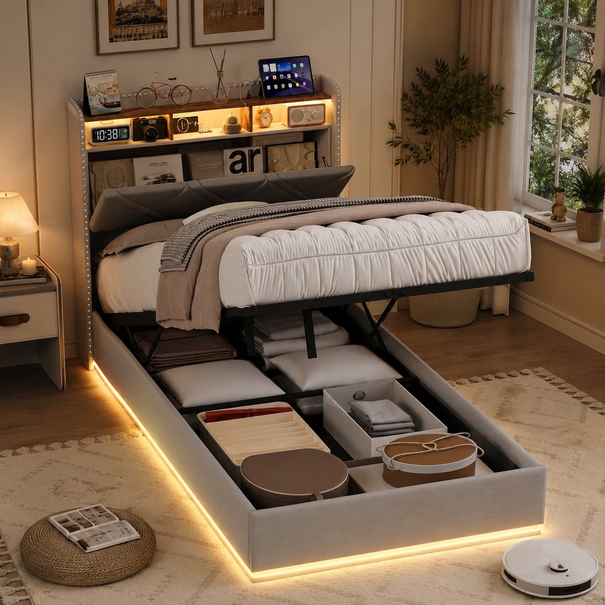 MEXUS Opbergbed 90x200 cm, Eenpersoonsbed, Gestoffeerd bed met led- en usb-aansluiting, hydraulisch opbergvak, met lattenbodem en opbergruimte, linnen Grijs