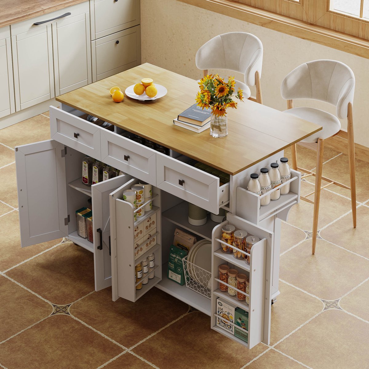 COVREO Keukeneiland 140x43(70)x90,5 cm - opvouwbaar werkblad, 4 deuren, 3 laden, wit