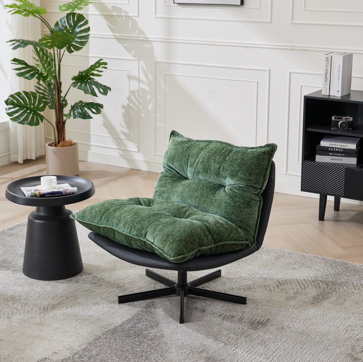 MIVRAY Relaxfauteuil 81 Cm - Draaibaar Met 3-Standen Verstelbare Rugleuning - Voor Leeshoek En Lounge - Chenille En Kunstleer - Groen Zwart