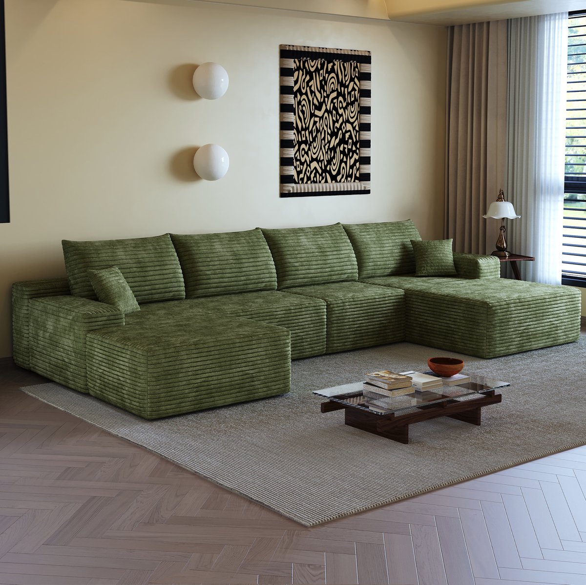 MIVRAY Hoekbank 340 Cm - Modulaire L-Vorm Met Chaise Longue En Diepe Zitting - Voor Woonkamer, Slaapkamer En Appartement - Stof Groen