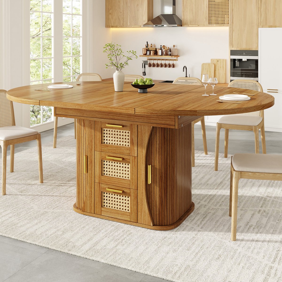 PHOEBE CAT Uitschuifbare Eettafel - 118–158 x 118 x 77 cm - Met opbergruimte - Rieten lades - Houtlook - Bruin