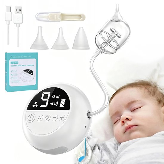 Elektrische neusaspirator voor baby's - Met muziek en nachtlampje - 9 zuigstanden - 3 zuigmondjes - Neusreiniger - Oplaadbaar - ABS - Stil - Wit — afbeelding 3