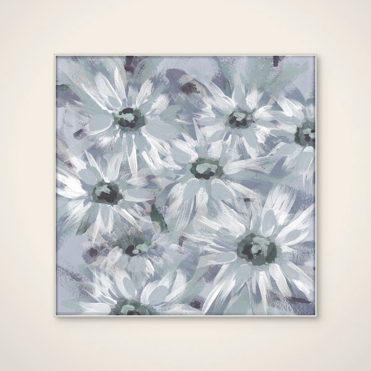 Akoestisch schilderij - 80 x 80 cm - Soft Blue Daisies van Lori Ann Folz - Botanische wanddecoratie - wit textielframe