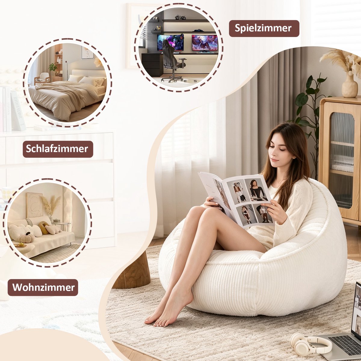 HAUSS SPOLE Zitzak - Loungestoel Met Rugleuning - Ergonomisch Comfort Met Zacht Ribfluweel En Traagschuim - Voor Woonkamer En Slaapkamer - Beige