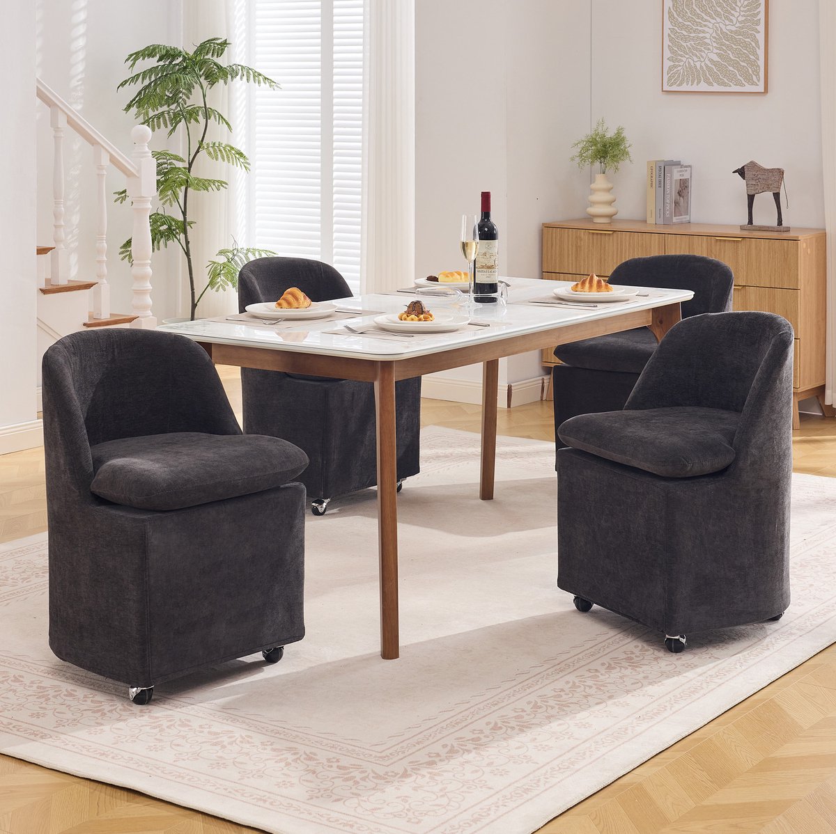 OKWISH Eetkamerstoel - 53 x 53,5 x 78,5 cm - 360° Draaibaar Met Wielen En Afneembare Hoes - Voor Eetkamer Of Kaptafel - Chenille - Grijs