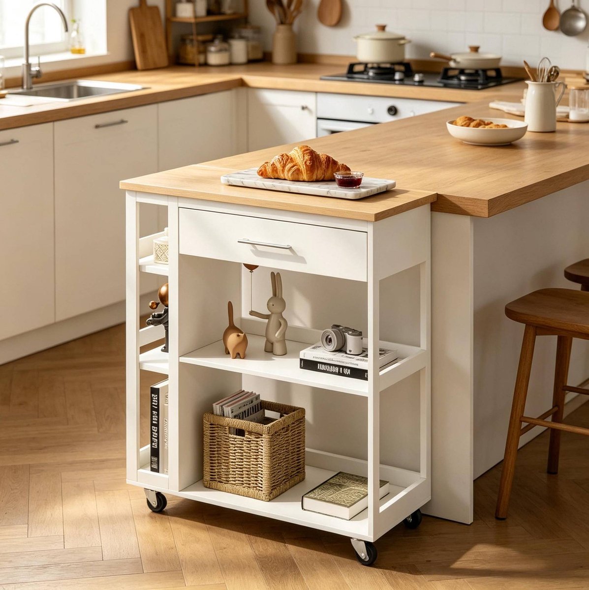 MIVRAY Keukenwagen – Op Wielen Met Lade En Open Opbergruimte – 73 x 38 x 88 cm – MDF – Wit En Houtlook – Voor Keuken En Woonkamer
