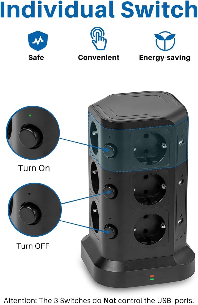 Stekkerdoos Toren met 12 Stopcontacten en 6 USB Poorten, 5 Meter Kabel, 4000W