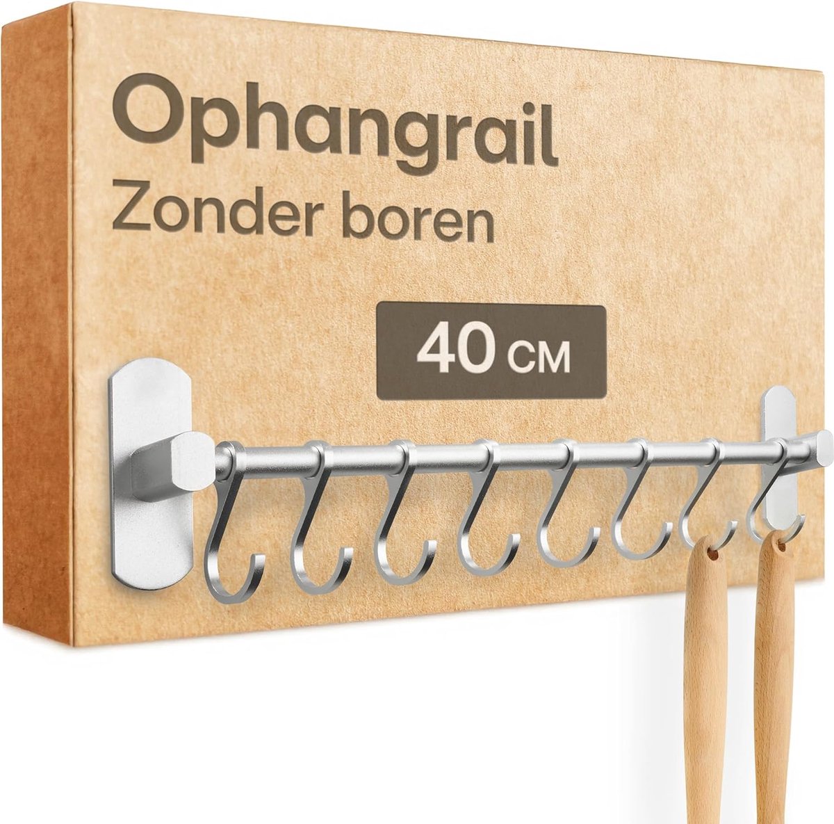 SnelShoppen - Haakrail voor Keukengerei met 8 Haken - Zelfklevend en Boren Vrij - 40 cm - Ideaal voor Keuken, Badkamer en Garage - Organiseer Jouw Rui