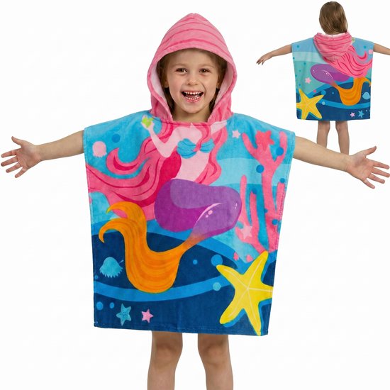 Capa de bain bleue pour enfants avec capuche, imprimé sirène, capuche rose ondulée et illustration de sirène, corail et étoiles.