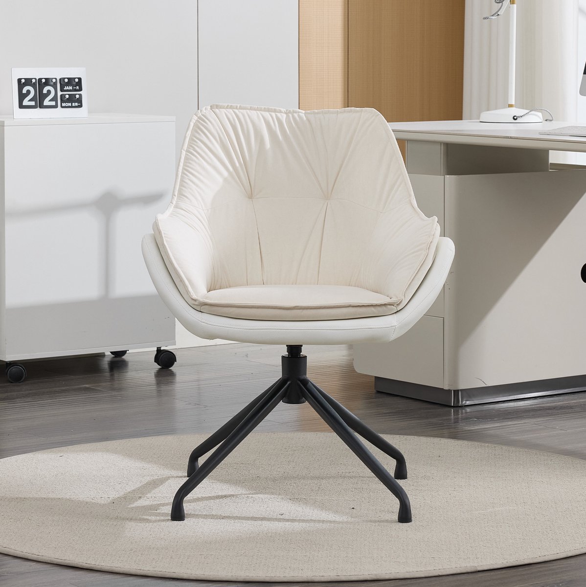 MIVRAY Bureaustoel 67,8 x 65,8 x 82,3 cm - 360 Graden Draaibaar Met Vaste Armleuningen - Voor Woonkamer En Slaapkamer - Kunstleer Beige