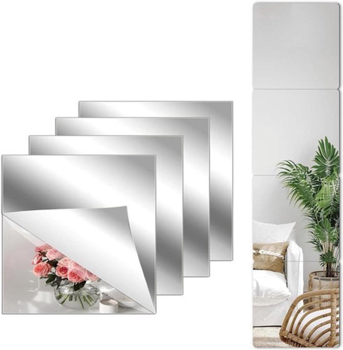 Set van 4 zelfklevende spiegels 15 x 15 cm acrylspiegel flexibele tegels voor aan de wand met decoratieve, kindvriendelijke uitstraling
