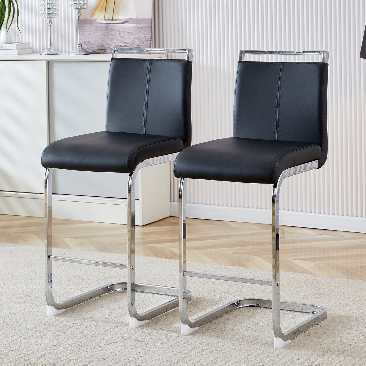 DESMIU Barkruk 38,9 x 46,5 x 96,5 Cm - Set Van 2 Met Rugleuning En Voetsteun - Voor Keuken En Bar - Kunstleer En Metaal - Zwart Zilver