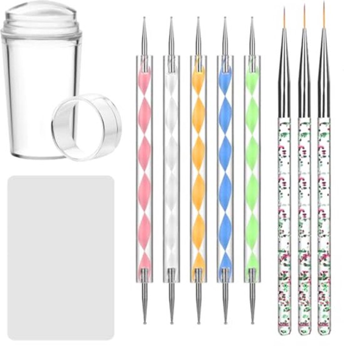 ® Nagelstempelset, nagelkunst stempel met schaber, 3 nagelpenselen, 5 dubbele dotting pennen