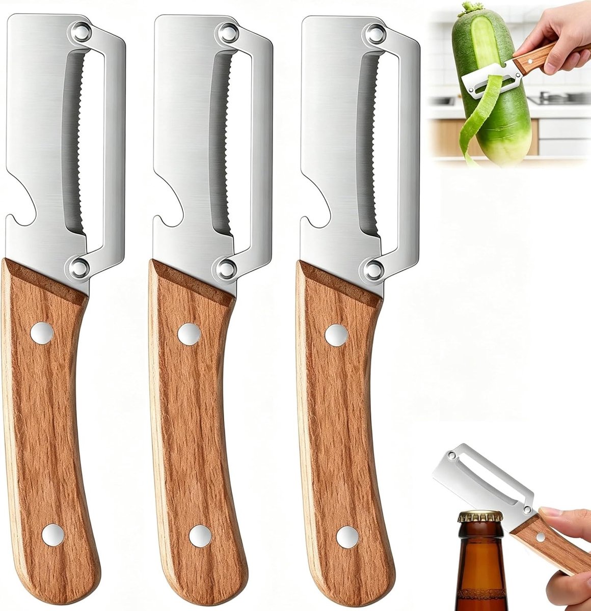 Multifunctionele Groentenschiller met Ultra-Scherpe RVS Blade, Houten Handvat en Flesopener voor Fruit en Groenten, Ideaal voor Keukengebruik