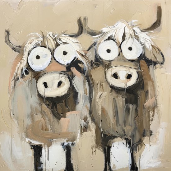 Schilderij van twee Schotse hooglanders met grote ogen, in beige, bruin, wit en zwart.