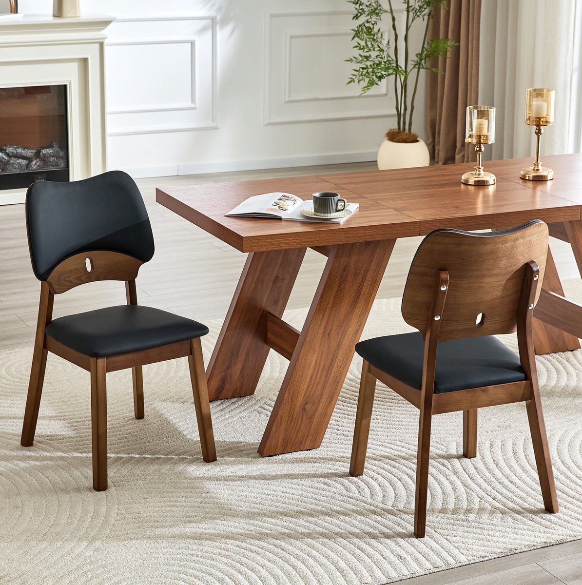 OKWISH Eetkamerstoel – Vlindervormige Houten Rugleuning – Set Van 2 – Gewatteerde Zitting – Voor Eetkamer Of Keuken – Hout – Zwart