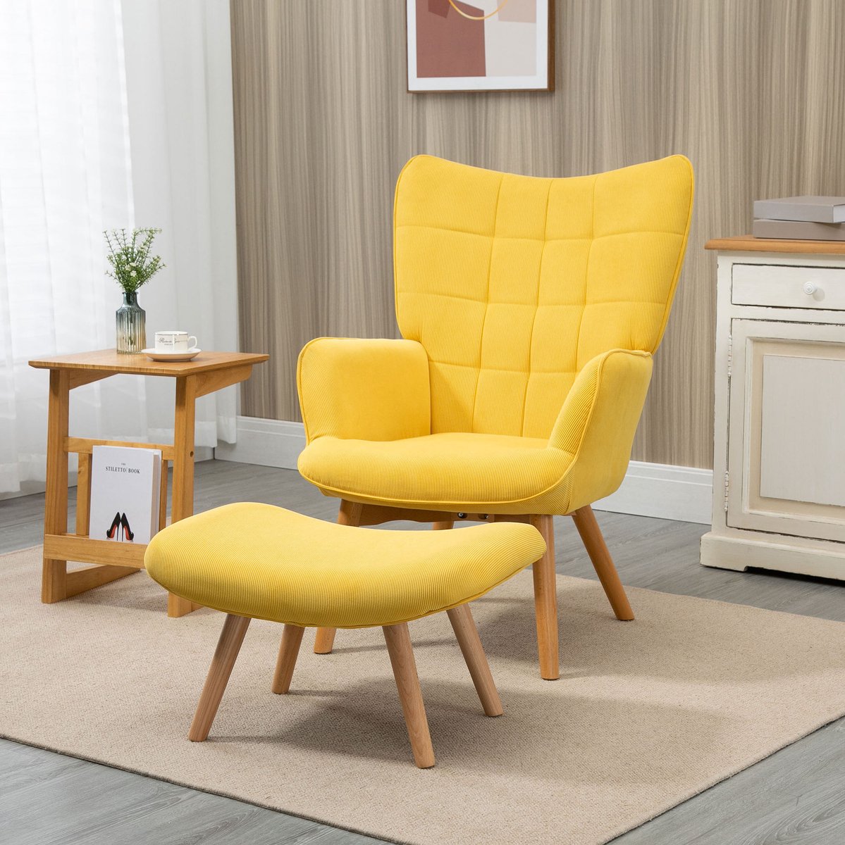 COVREO Relaxfauteuil 72 x 80 x 101 cm - met hocker, cord-look stof, geel