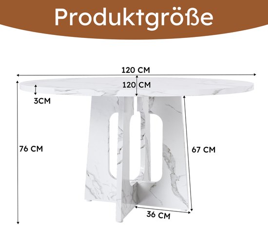 Afmetingen van de ronde marmerlook eettafel: 120 cm breed, 120 cm diep, 76 cm hoog.